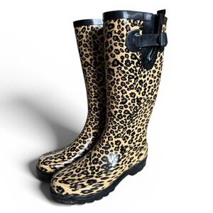 IntreGue Leopard Print Tall Rain Boots Rubber Waterproof Brown Black 6